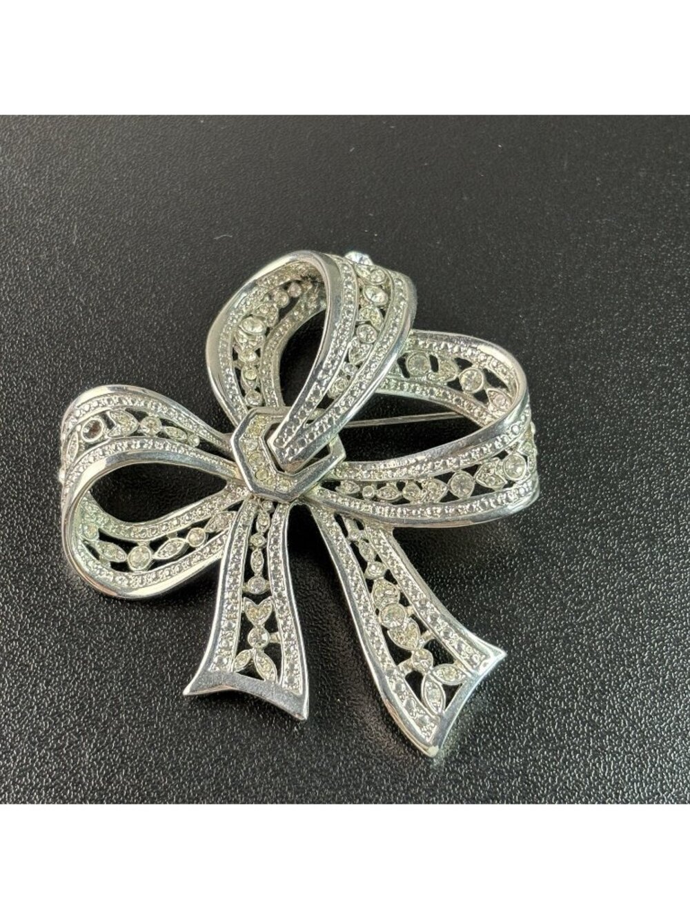 Vintage Silver Tone Rhinestone Ribbon Bow Brooch Pin 2.75"